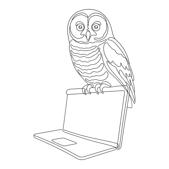Line drawing of a barred owl perched on an open laptop